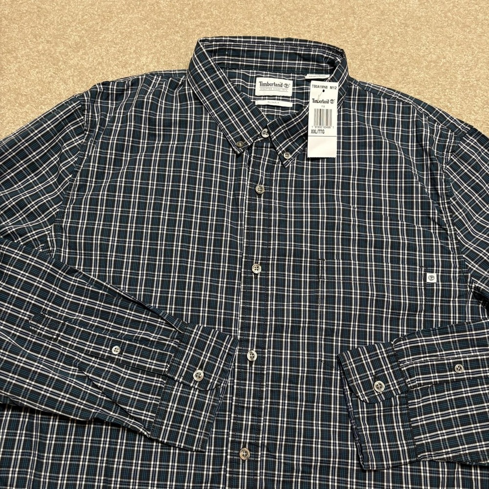 Timberland Shirt Mens 2XL NWT Blue Plaid‎ Slim Fit Stretch Button Down LS Casual